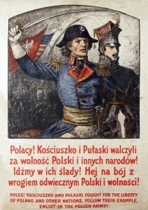 Polski wojenny plakat patriotyczny - Polacy! Tadeusz Kościuszko i Pułaski walczyli za wolność Polski