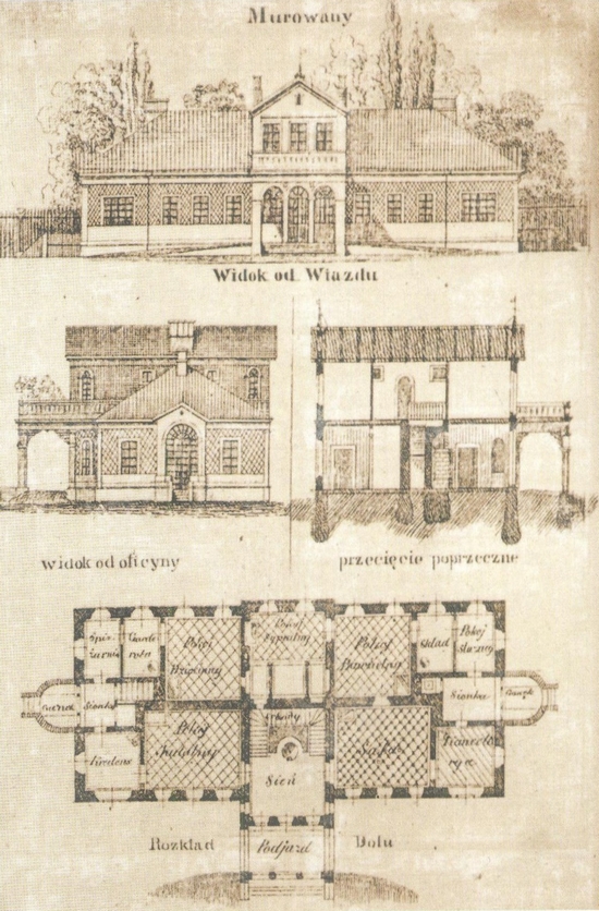 Projekt dworu murowanego autorstwa Bolesława Pawła Podczaszyńskiego, 1851 r. Bibliografia: